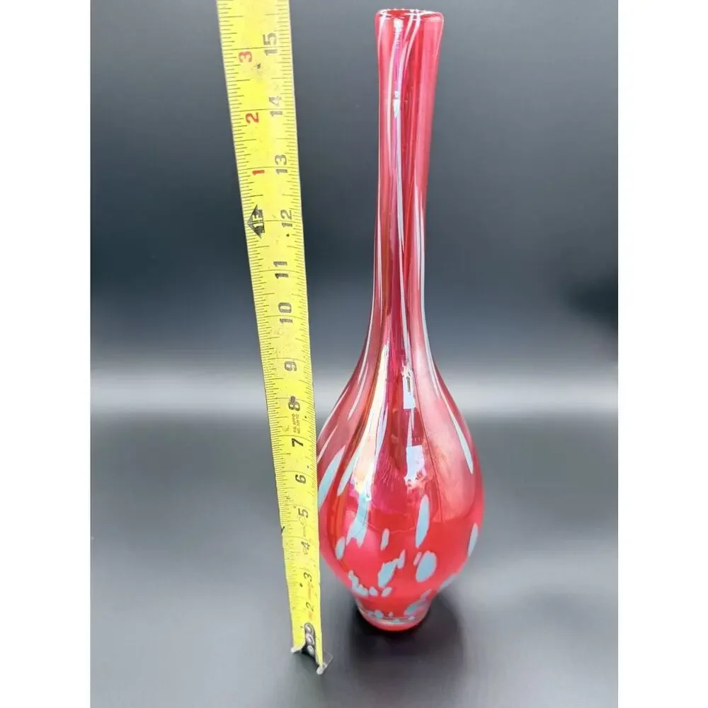 Vintage Red Swung Art Glass Vase Blue Applied Dots MCM Blown Glass 15.5”